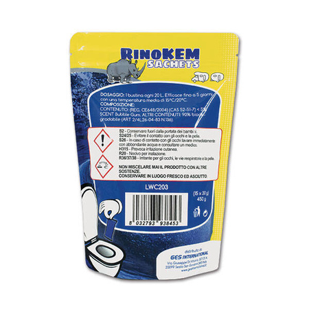 RinoKEM saszetki rozpuszczalne do toalet chemicznych i kaset, aromat bubblegum, 15 szt.